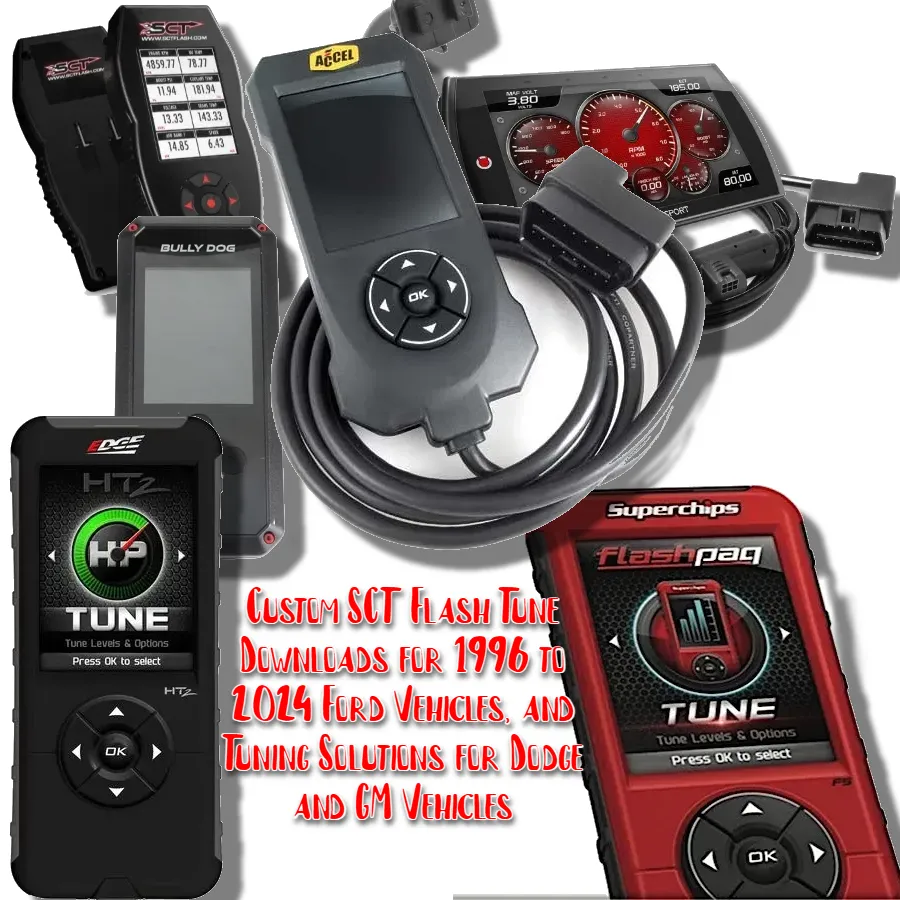 Custom SCT Flash Downloads avalible for 1996 to 2024 Ford Gas Vehicles and tuning solutions for Dodge and GM gas and diesel.